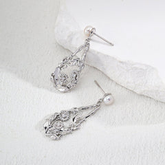 Silver Vintage Pearl Zircon Floral Earrings